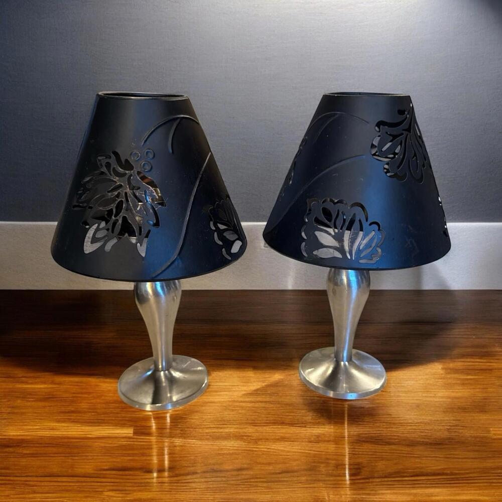 Set of 2 Silver Tealight Candle Lamps w/ Bronze Black Shades 9.25″ Made in India